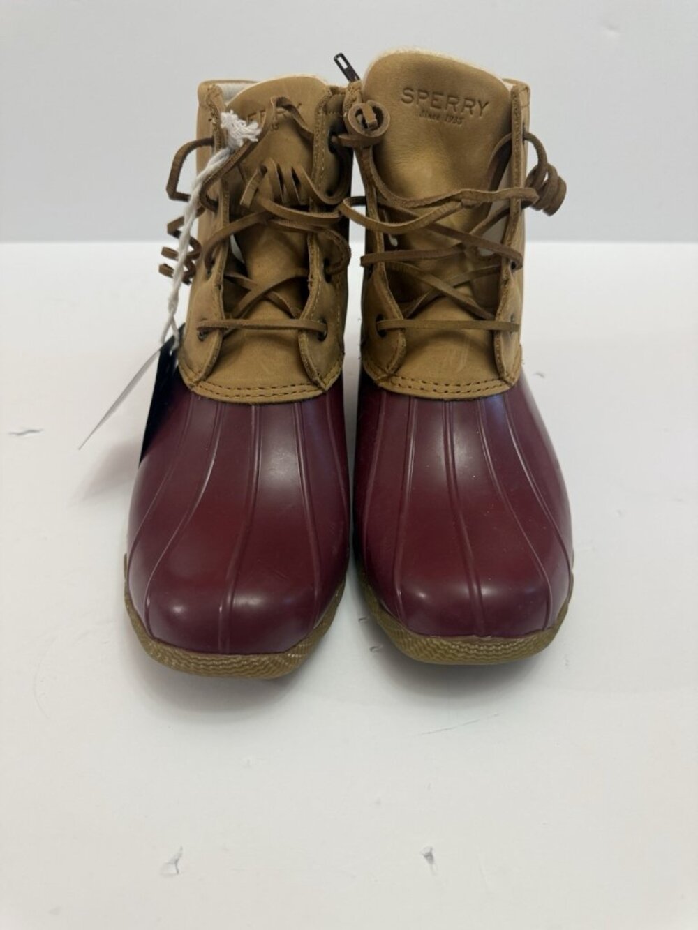 Sperry Duck Boots Women 7.5 Beige Red Saltwater Wool Rain Lace Up Fall Winter